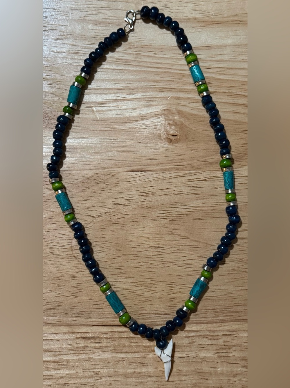 Handcrafted Navy and Green Beaded Necklace with Shark Tooth Pendant